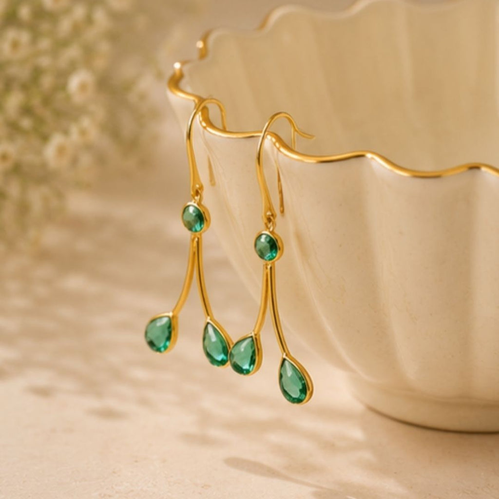 Gold Plated Green Cubic Zirconia Drop Earrings