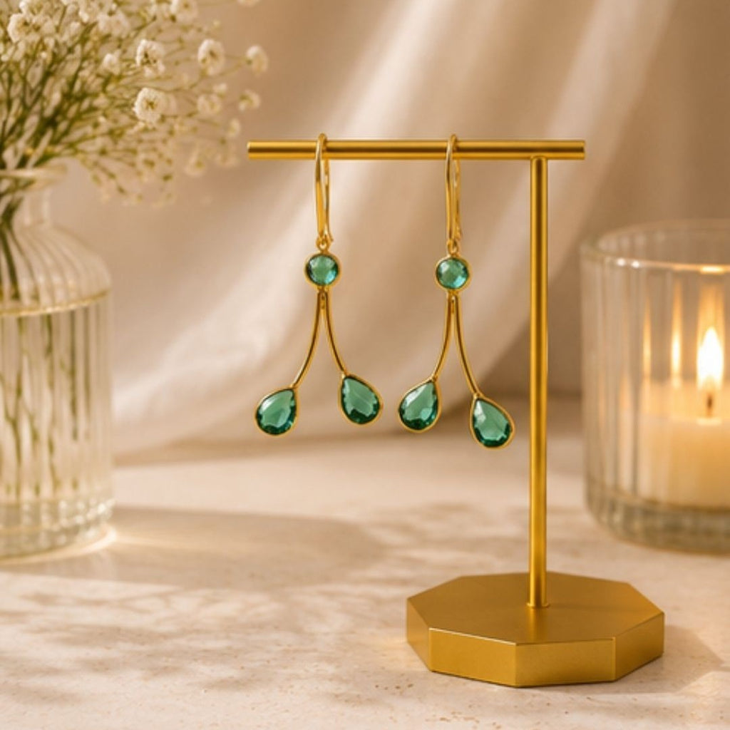 Gold Plated Green Cubic Zirconia Drop Earrings