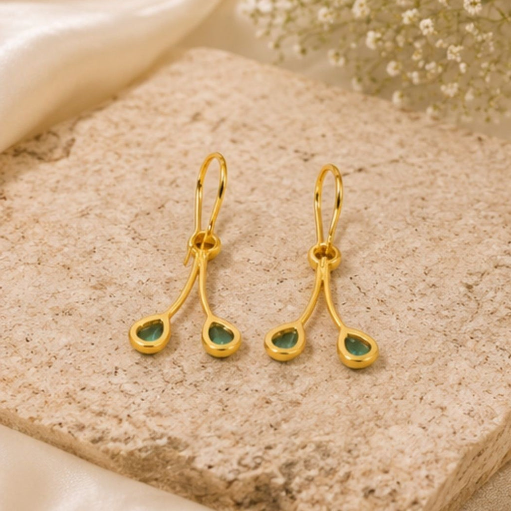 Gold Plated Green Cubic Zirconia Drop Earrings