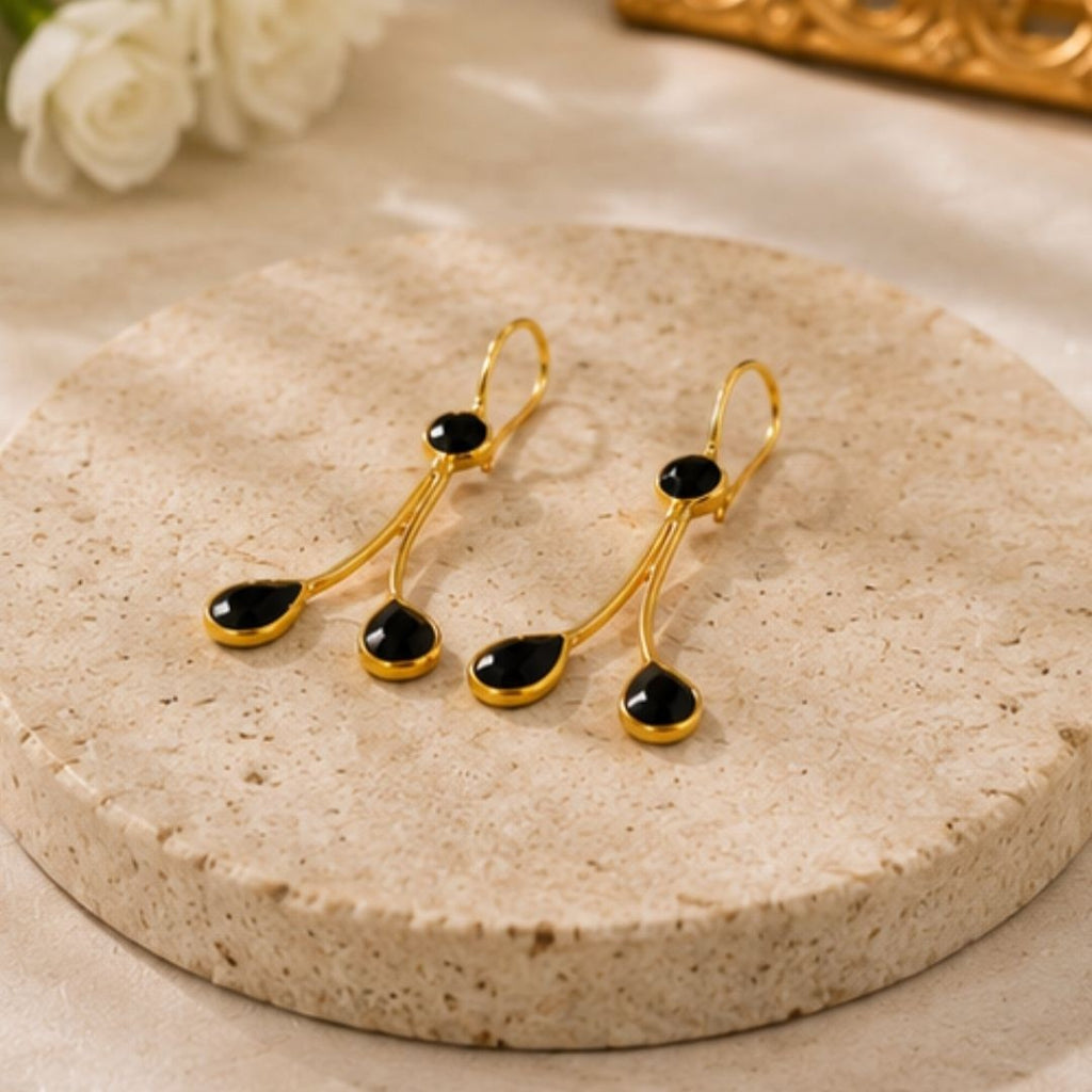 Gold Plated Black Cubic Zirconia Drop Earrings