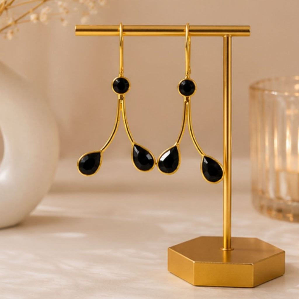 Gold Plated Black Cubic Zirconia Drop Earrings