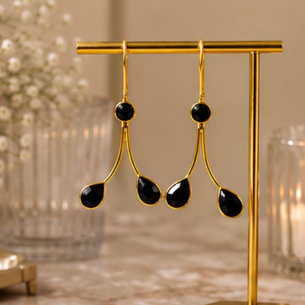 Gold Plated Black Cubic Zirconia Drop Earrings
