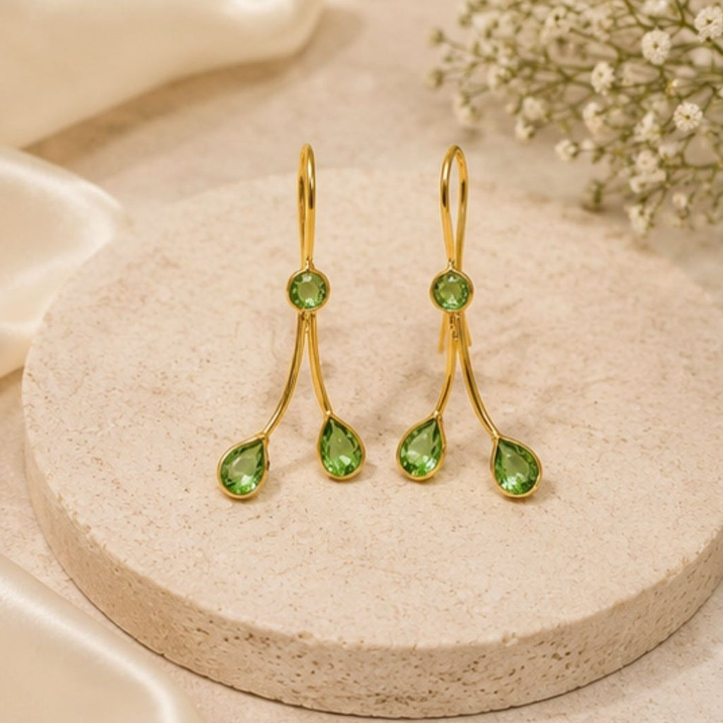 Gold Plated Light Green Cubic Zirconia Drop Earrings