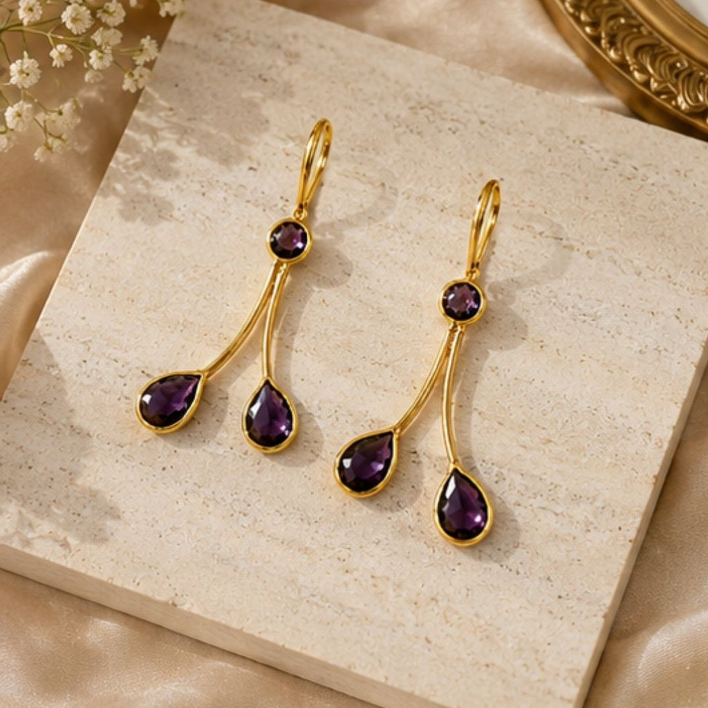 Gold Plated Purple Cubic Zirconia Drop Earrings