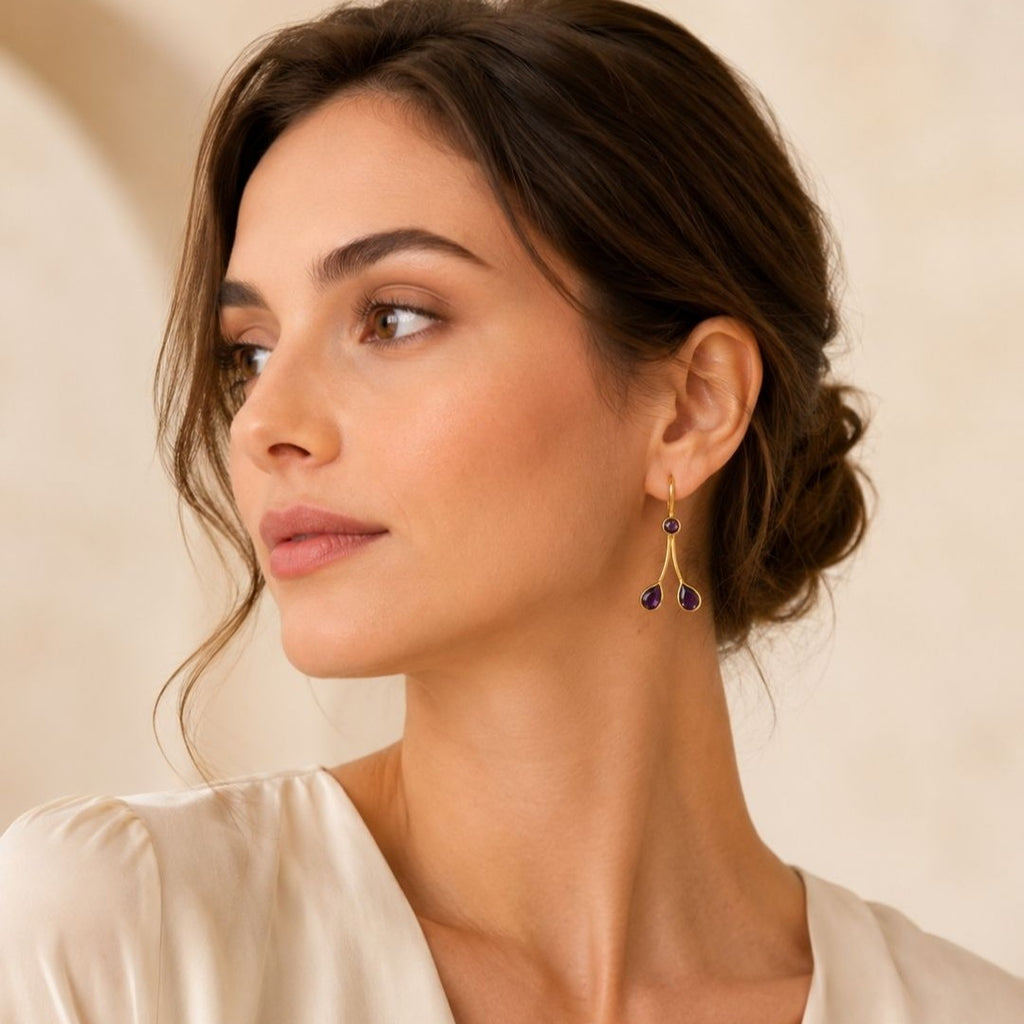 Gold Plated Purple Cubic Zirconia Drop Earrings