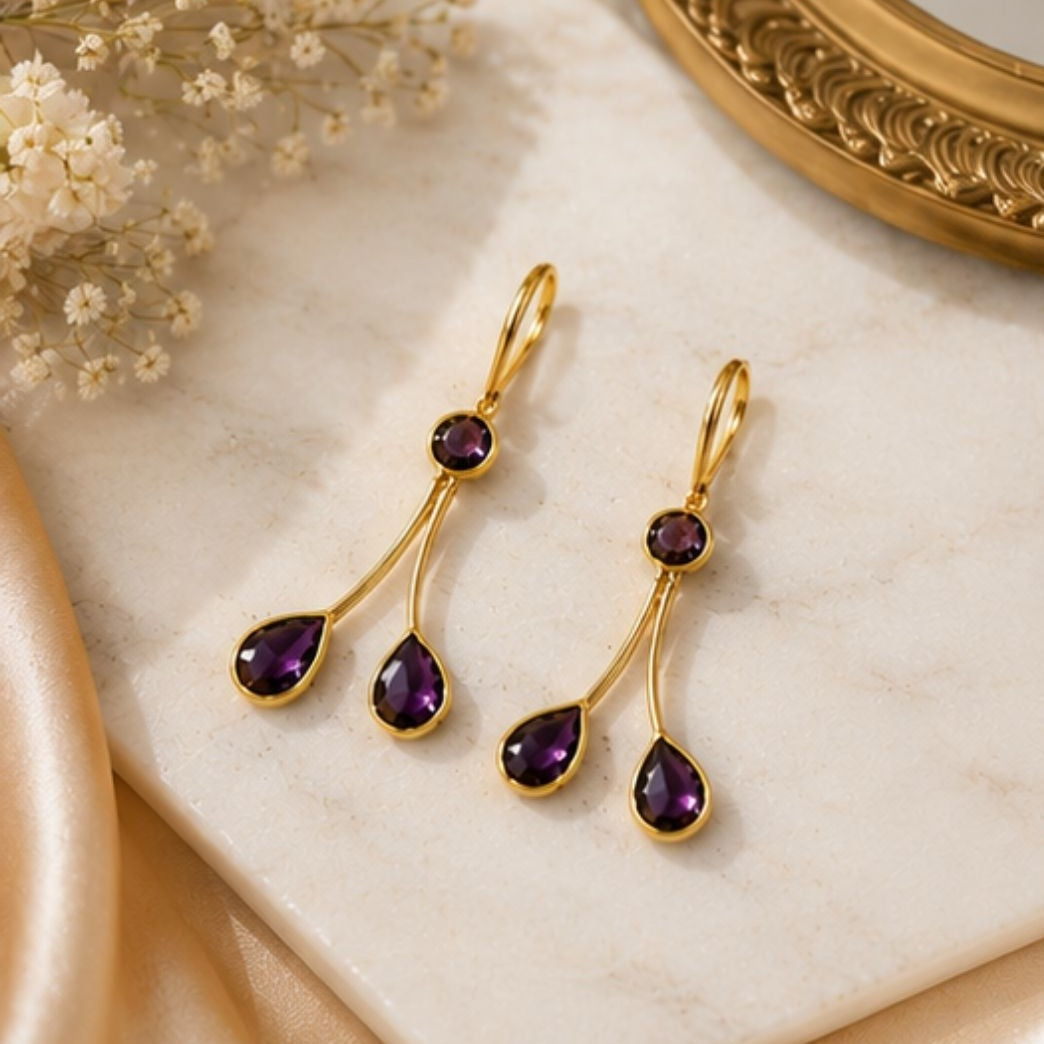 Gold Plated Purple Cubic Zirconia Drop Earrings
