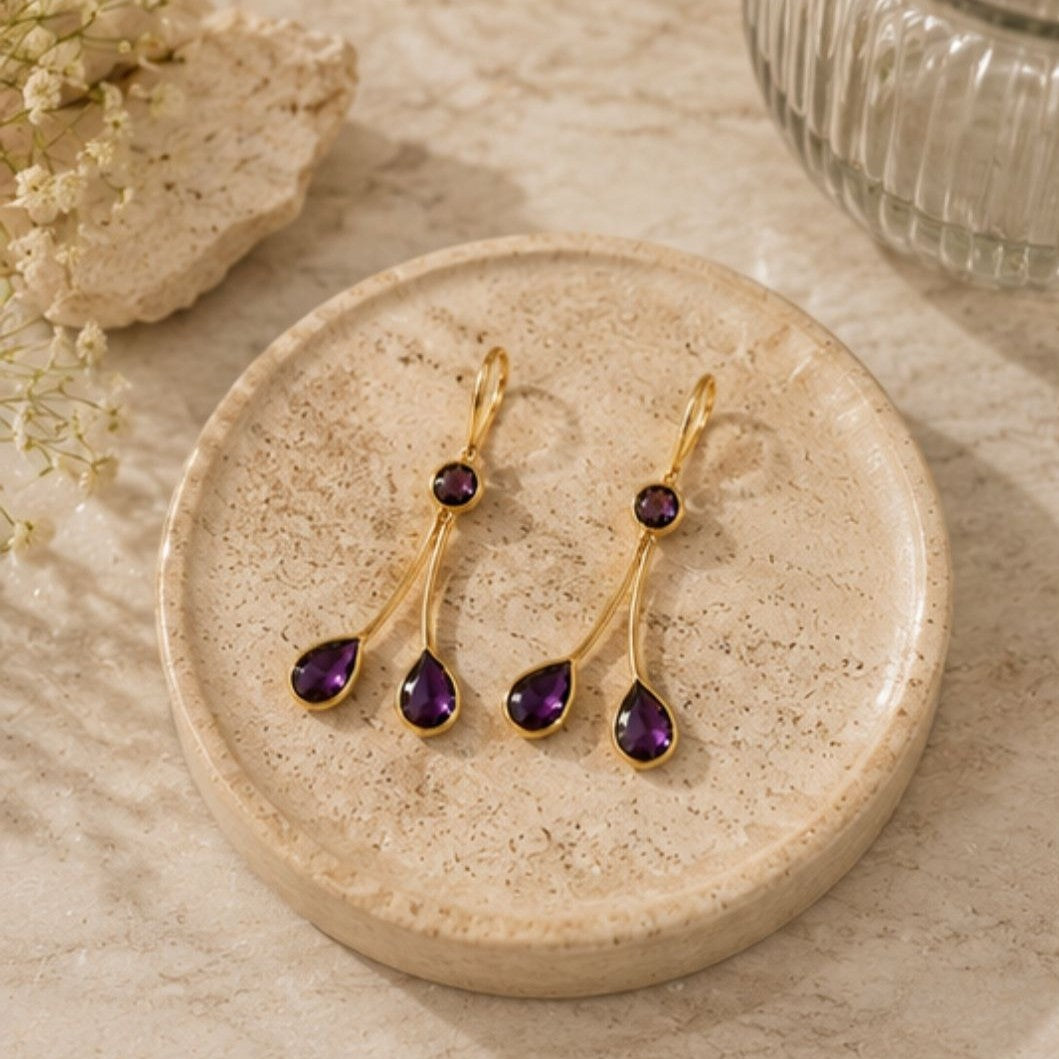 Gold Plated Purple Cubic Zirconia Drop Earrings