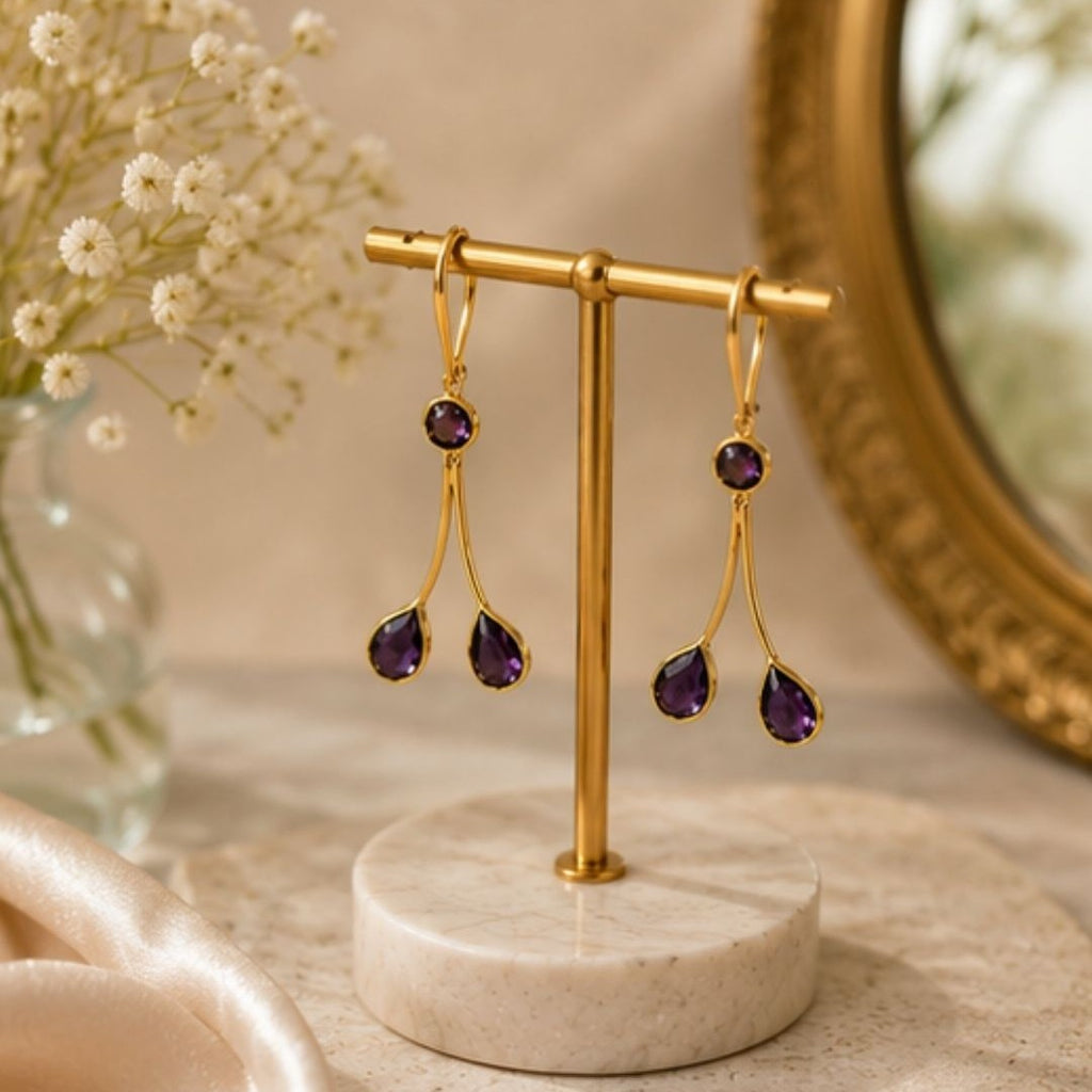 Gold Plated Purple Cubic Zirconia Drop Earrings