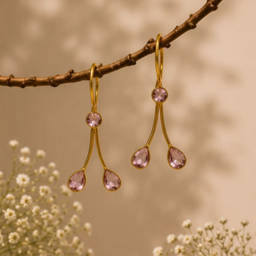 Gold Plated Light Pink Cubic Zirconia Drop Earrings