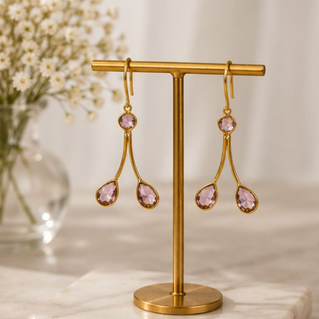 Gold Plated Light Pink Cubic Zirconia Drop Earrings