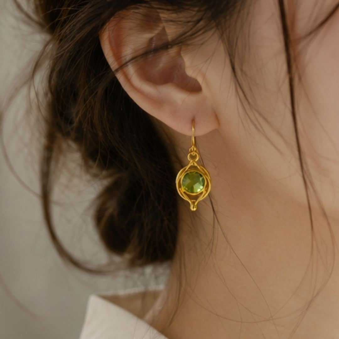 Gold Plated Round Green Cubic Zirconia Drop Earrings