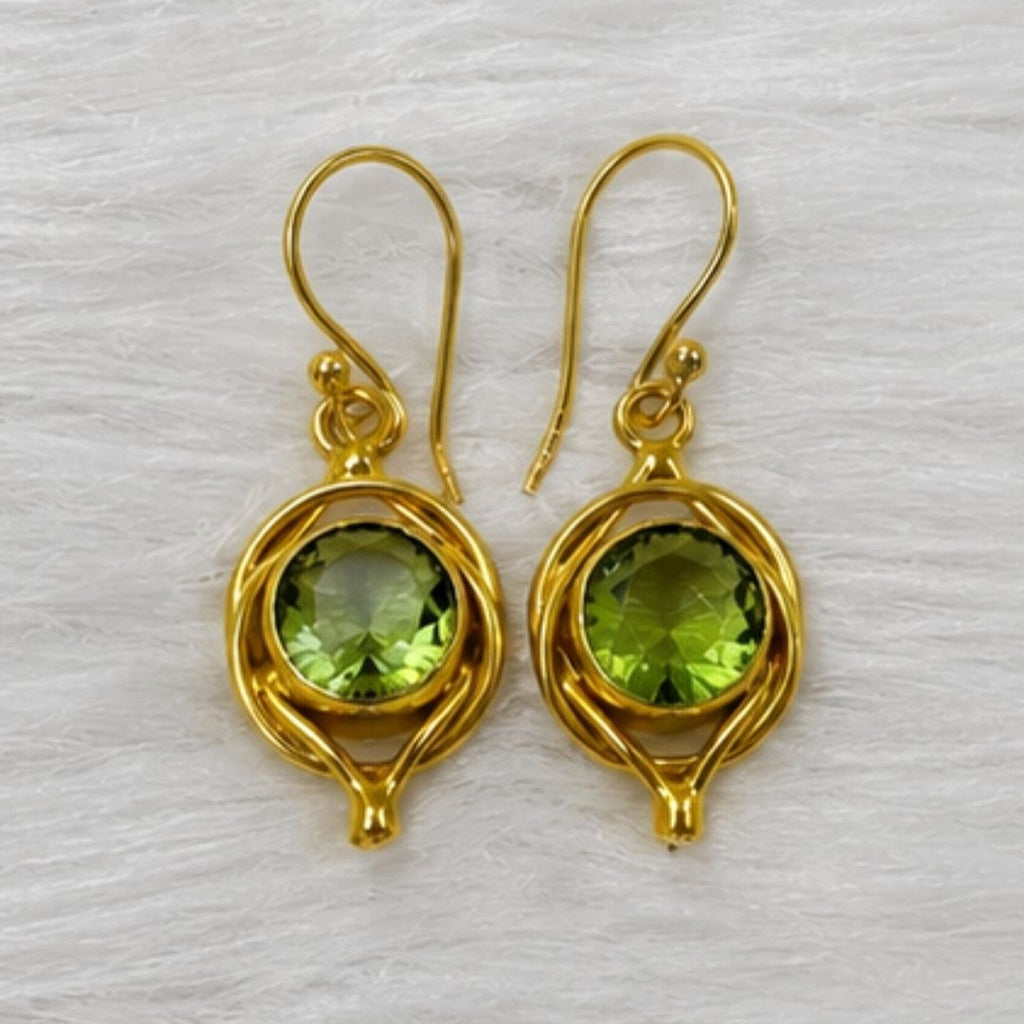 Gold Plated Round Green Cubic Zirconia Drop Earrings