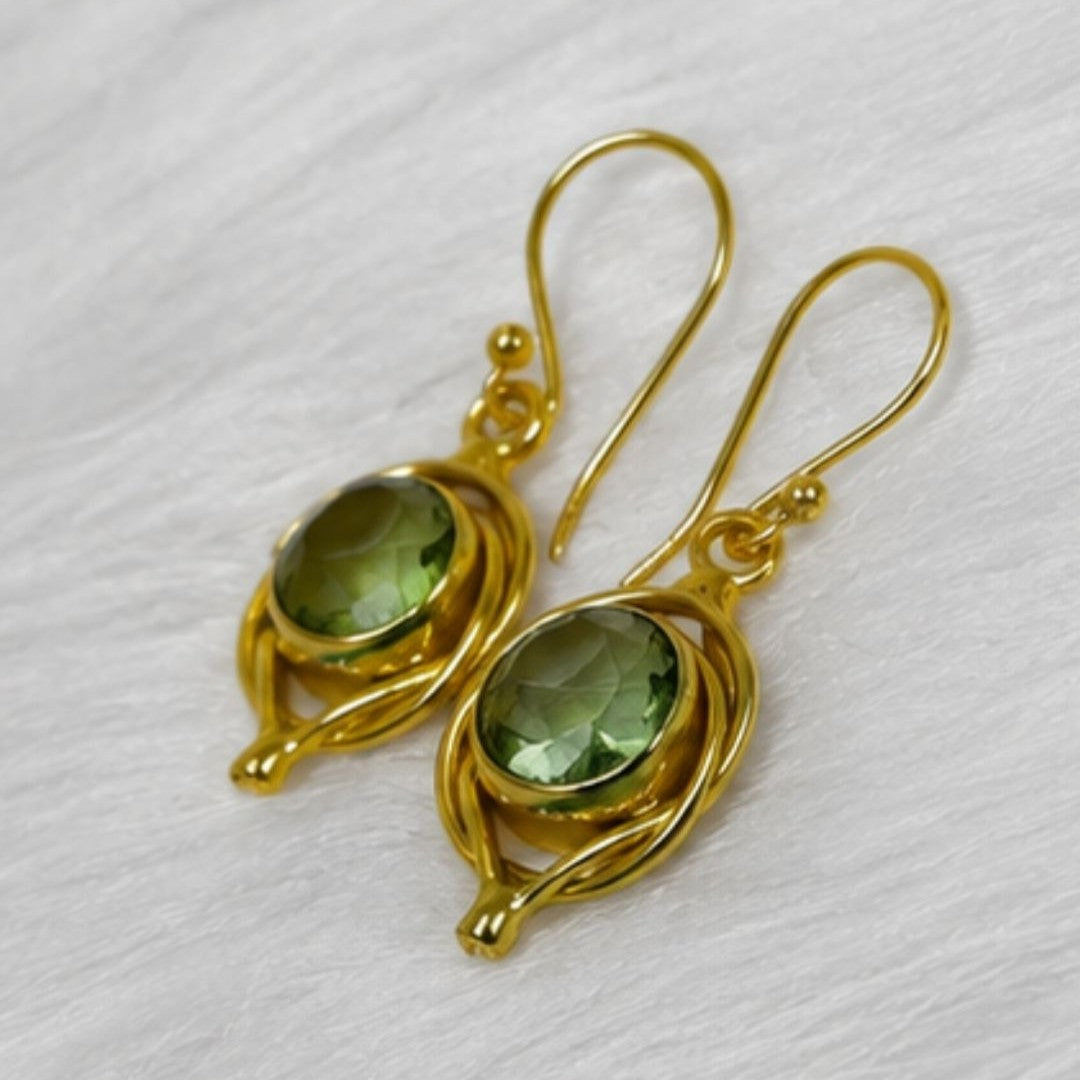 Gold Plated Round Green Cubic Zirconia Drop Earrings