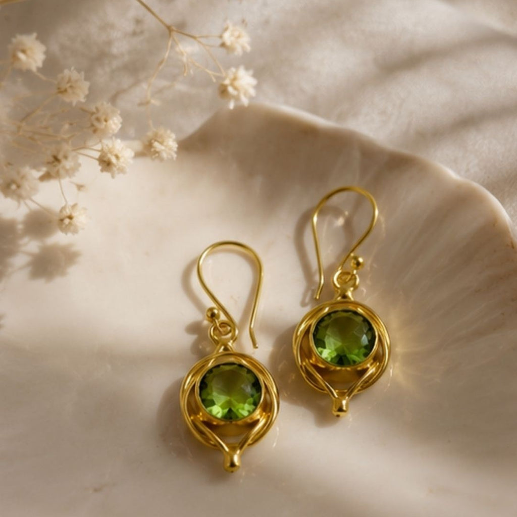Gold Plated Round Green Cubic Zirconia Drop Earrings