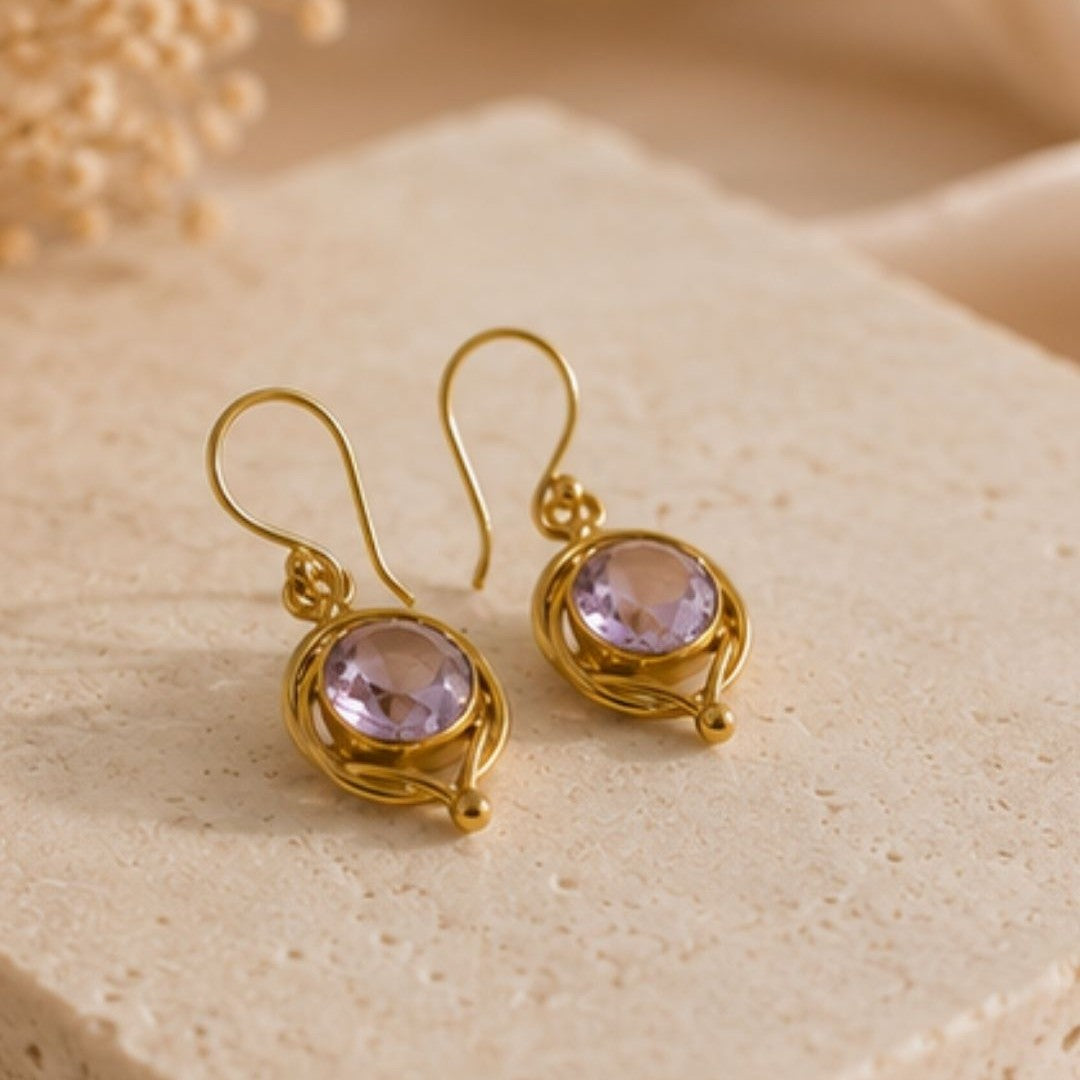 Gold Plated Round Pink Cubic Zirconia Drop Earrings