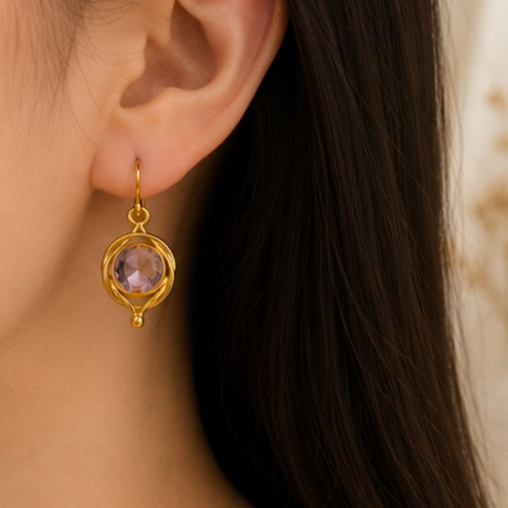 Gold Plated Round Pink Cubic Zirconia Drop Earrings