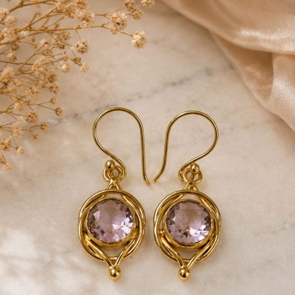 Gold Plated Round Pink Cubic Zirconia Drop Earrings