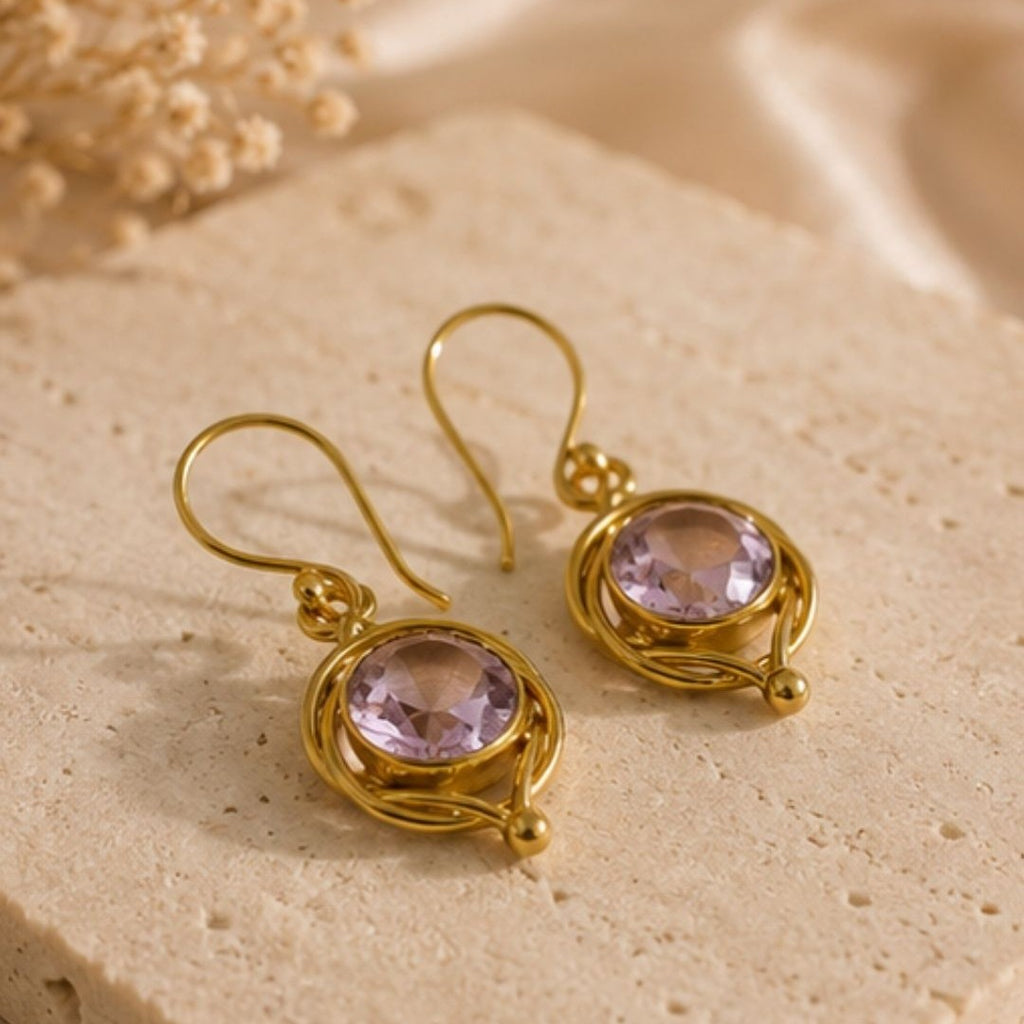 Gold Plated Round Pink Cubic Zirconia Drop Earrings