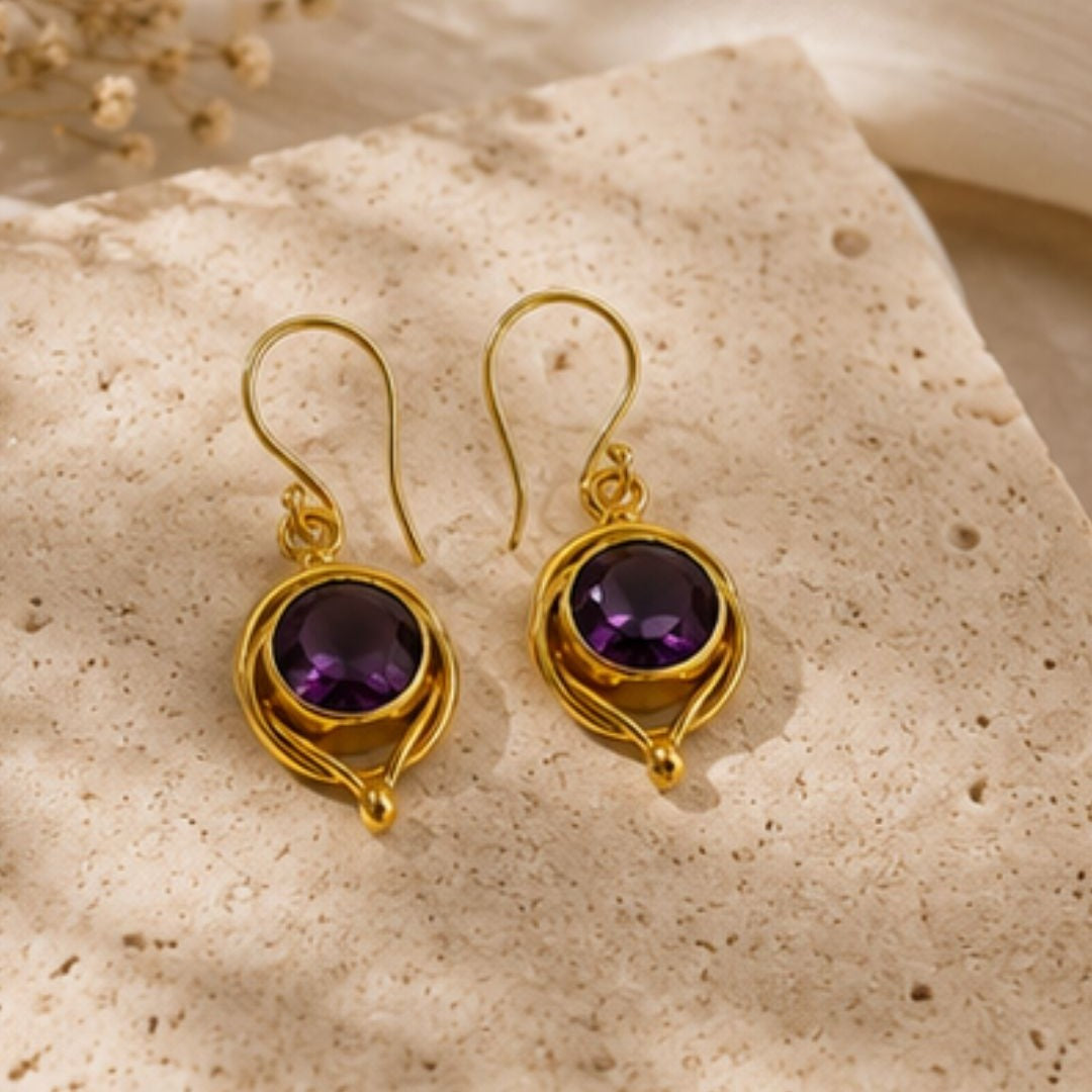 Gold Plated Round Purple Cubic Zirconia Drop Earrings