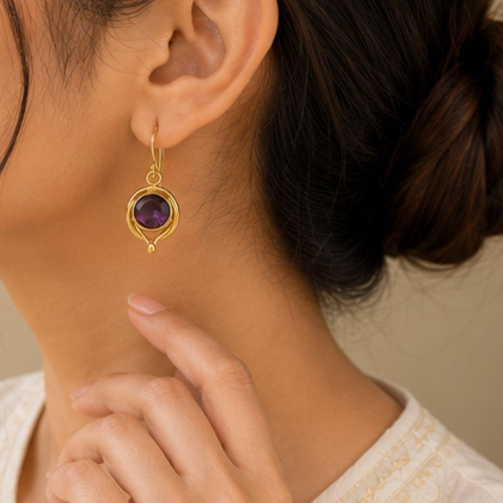 Gold Plated Round Purple Cubic Zirconia Drop Earrings
