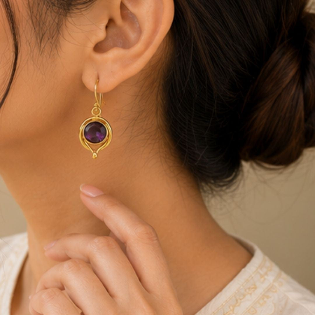 Gold Plated Round Purple Cubic Zirconia Drop Earrings