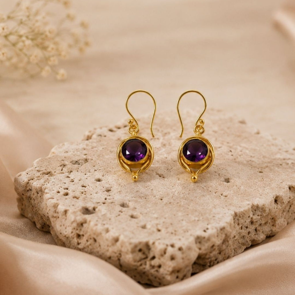 Gold Plated Round Purple Cubic Zirconia Drop Earrings