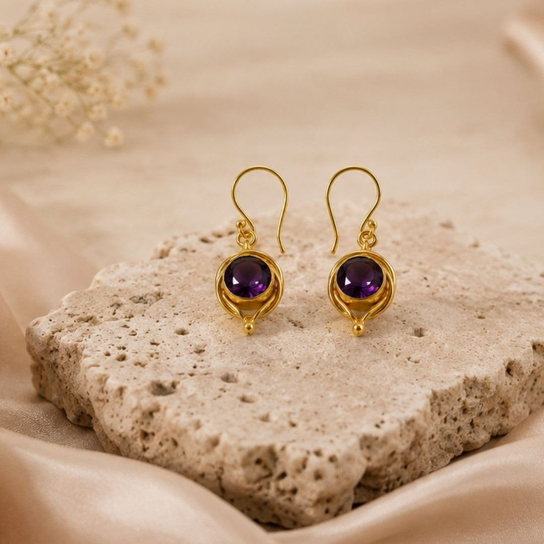 Gold Plated Round Purple Cubic Zirconia Drop Earrings