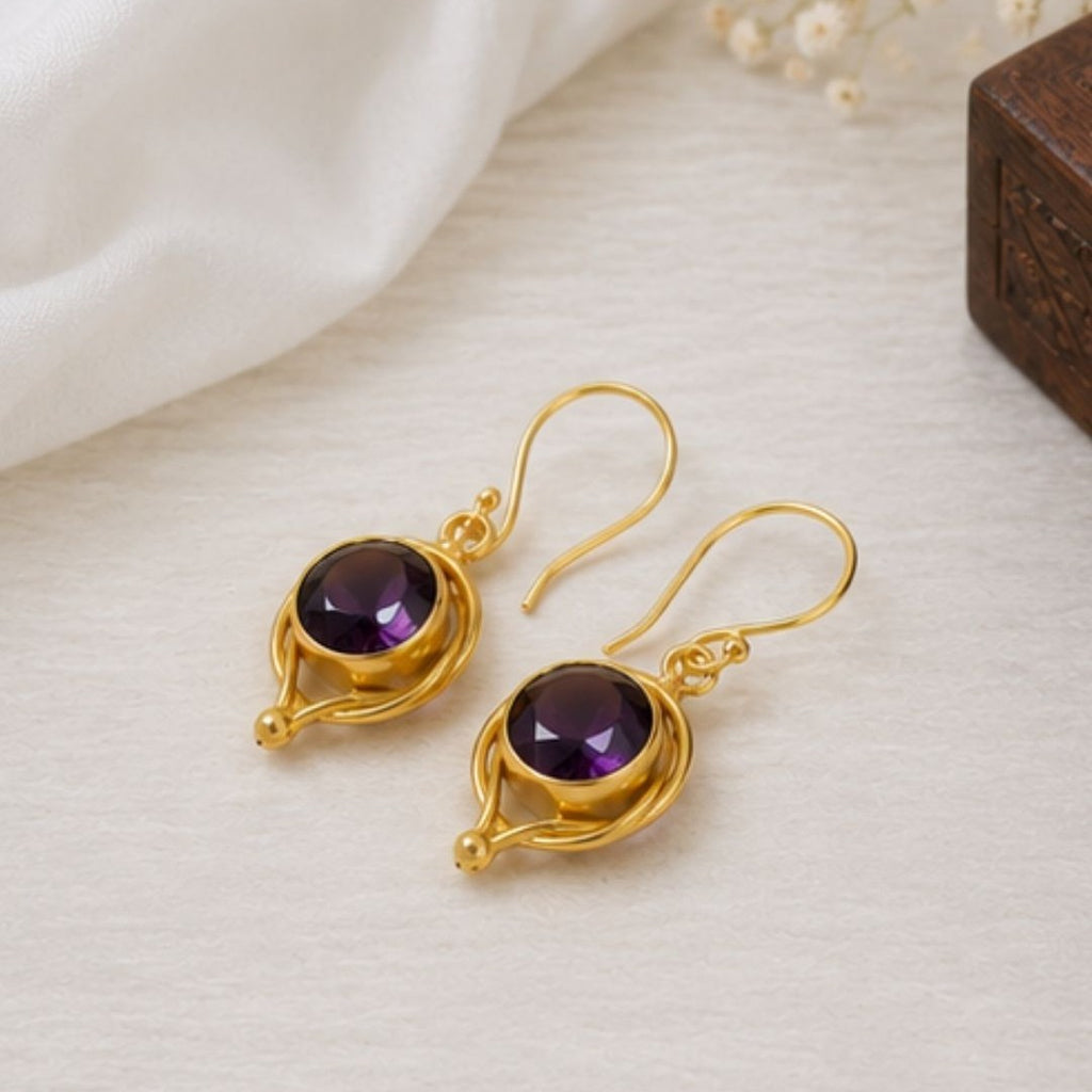 Gold Plated Round Purple Cubic Zirconia Drop Earrings