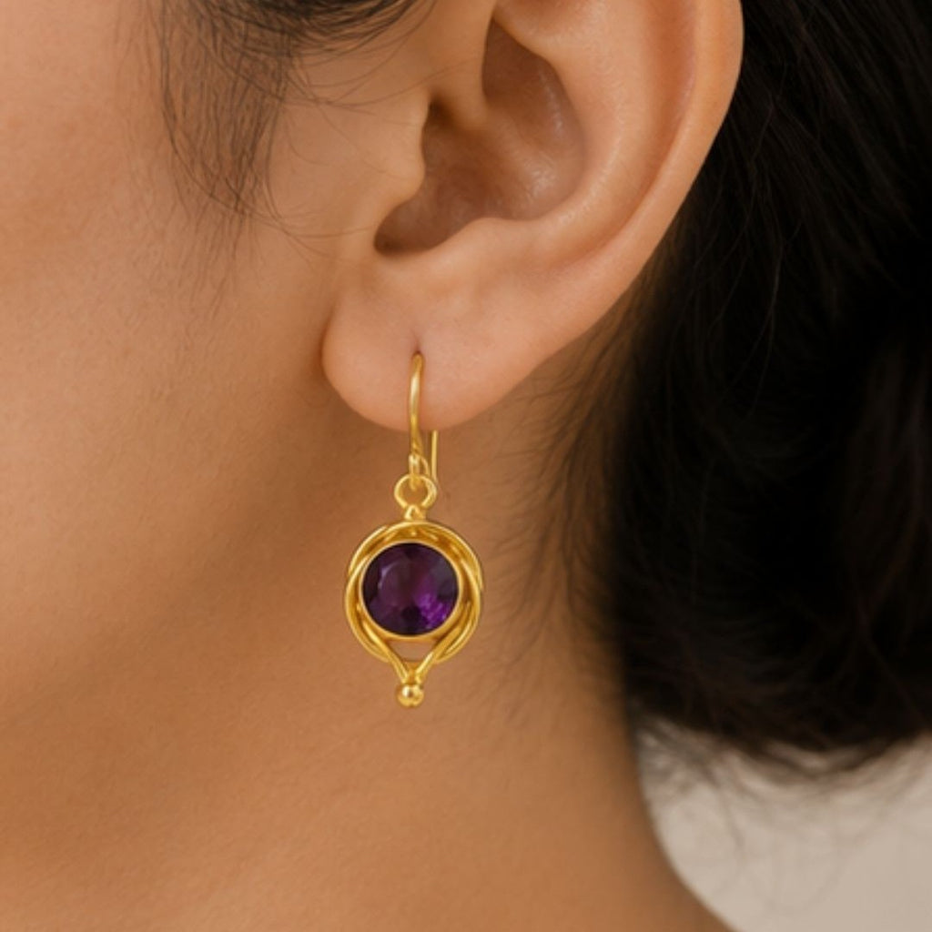 Gold Plated Round Purple Cubic Zirconia Drop Earrings