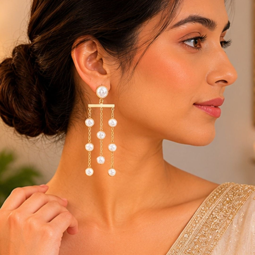 Gold Plated Pearl Drop Link Chain Earrings
