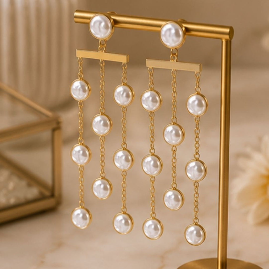 Gold Plated Pearl Drop Link Chain Earrings