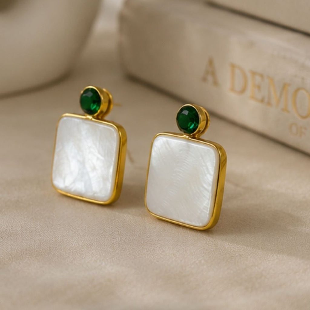 Gold Plated Mother of Pearl CZ Drop Earrings