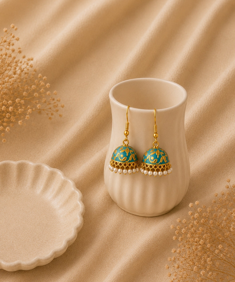 Ocean Bloom Gold-Plated Pearl Drop Jhumki Earrings