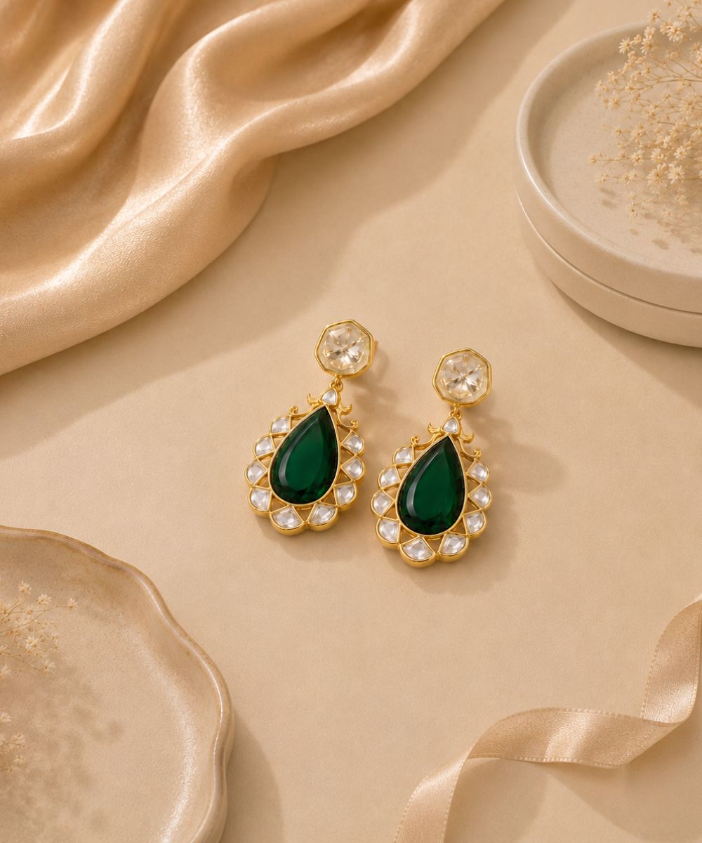 Gold Plated Green Stone Kundan Drop Earrings