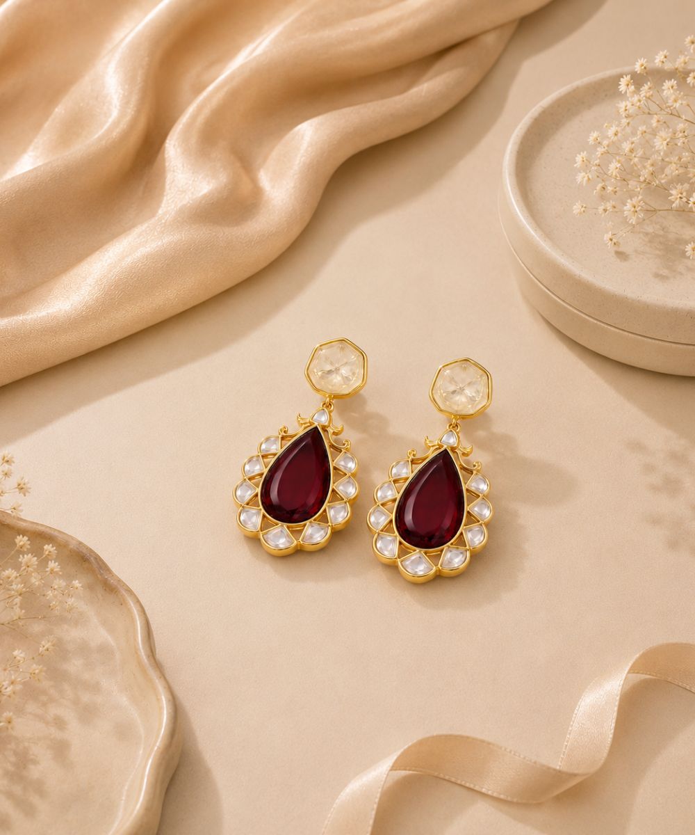 Gold Plated Red Stone Kundan Drop Earrings