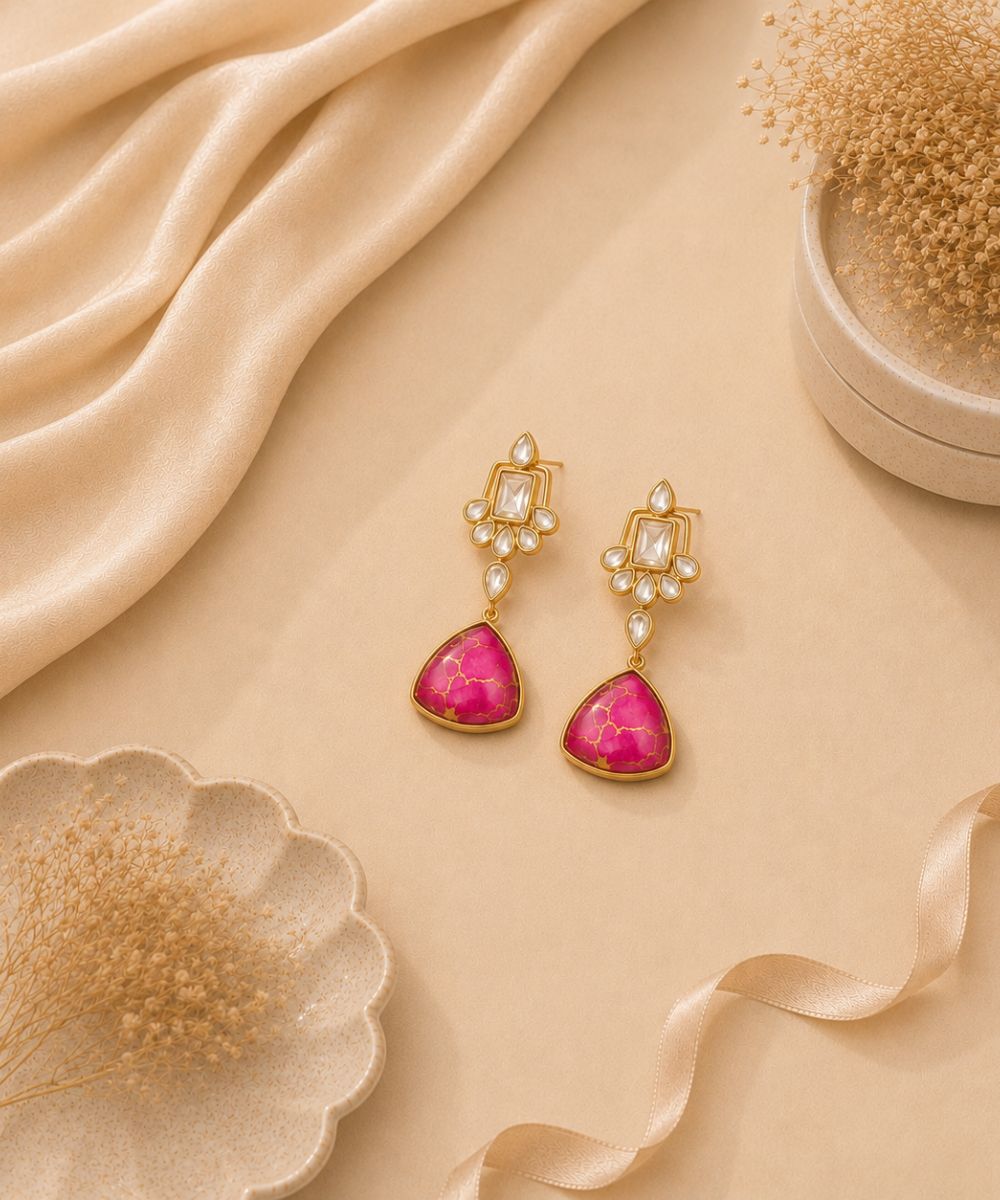 Gold Plated Pink Kundan Drop Earrings