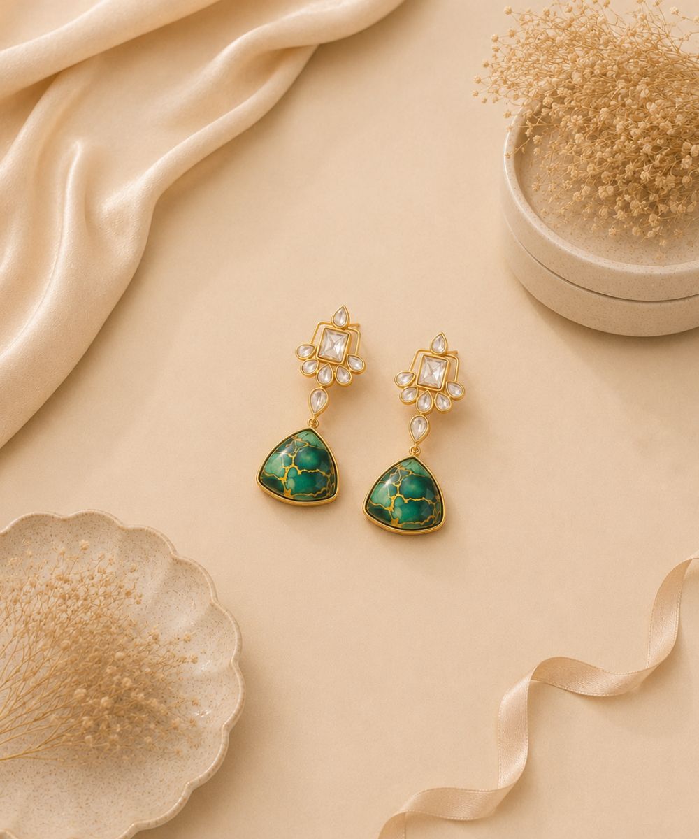 Gold Plated Green Kundan Drop Earrings