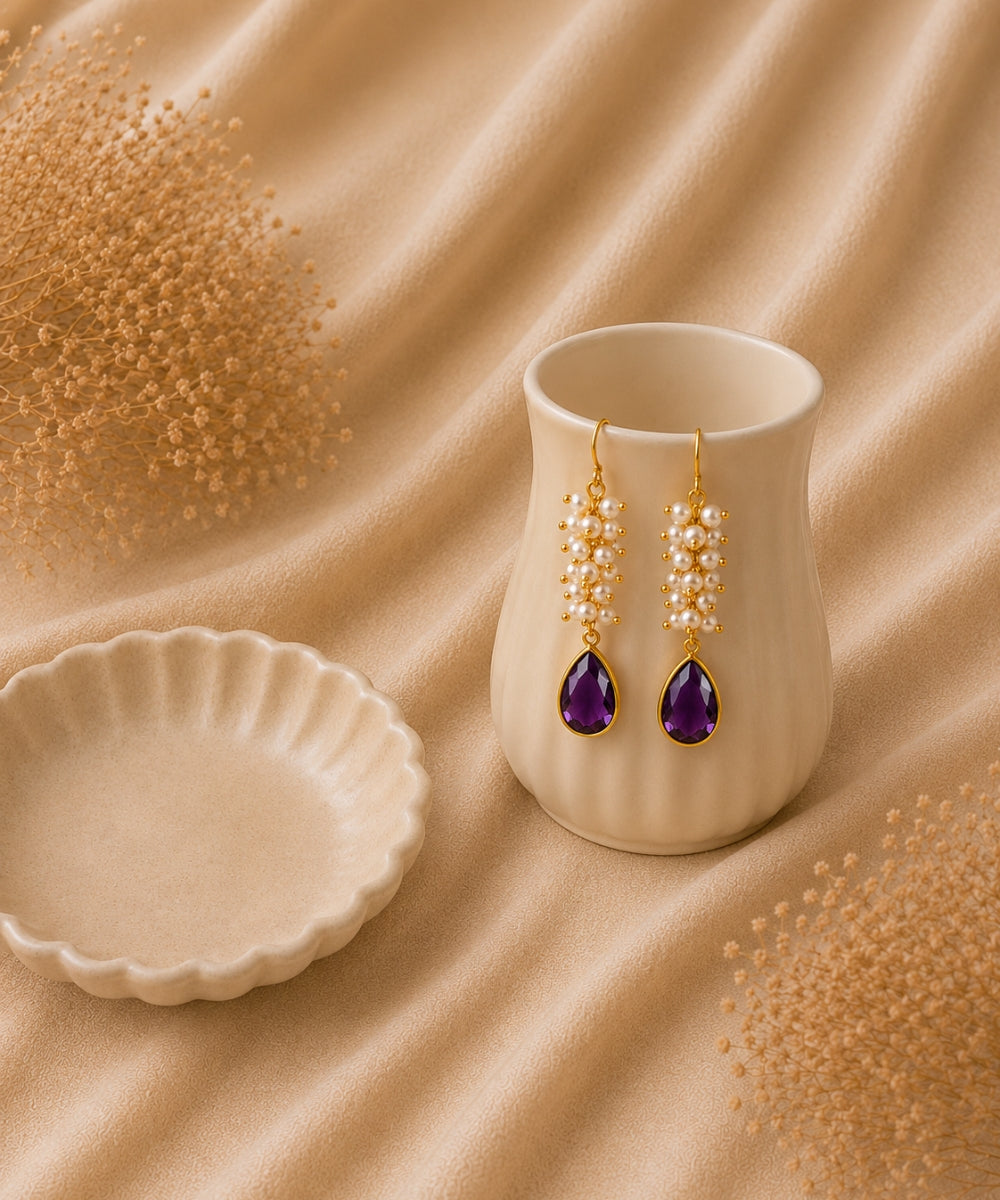 Gold Plated Purple Cubic Zirconia Drop Earrings