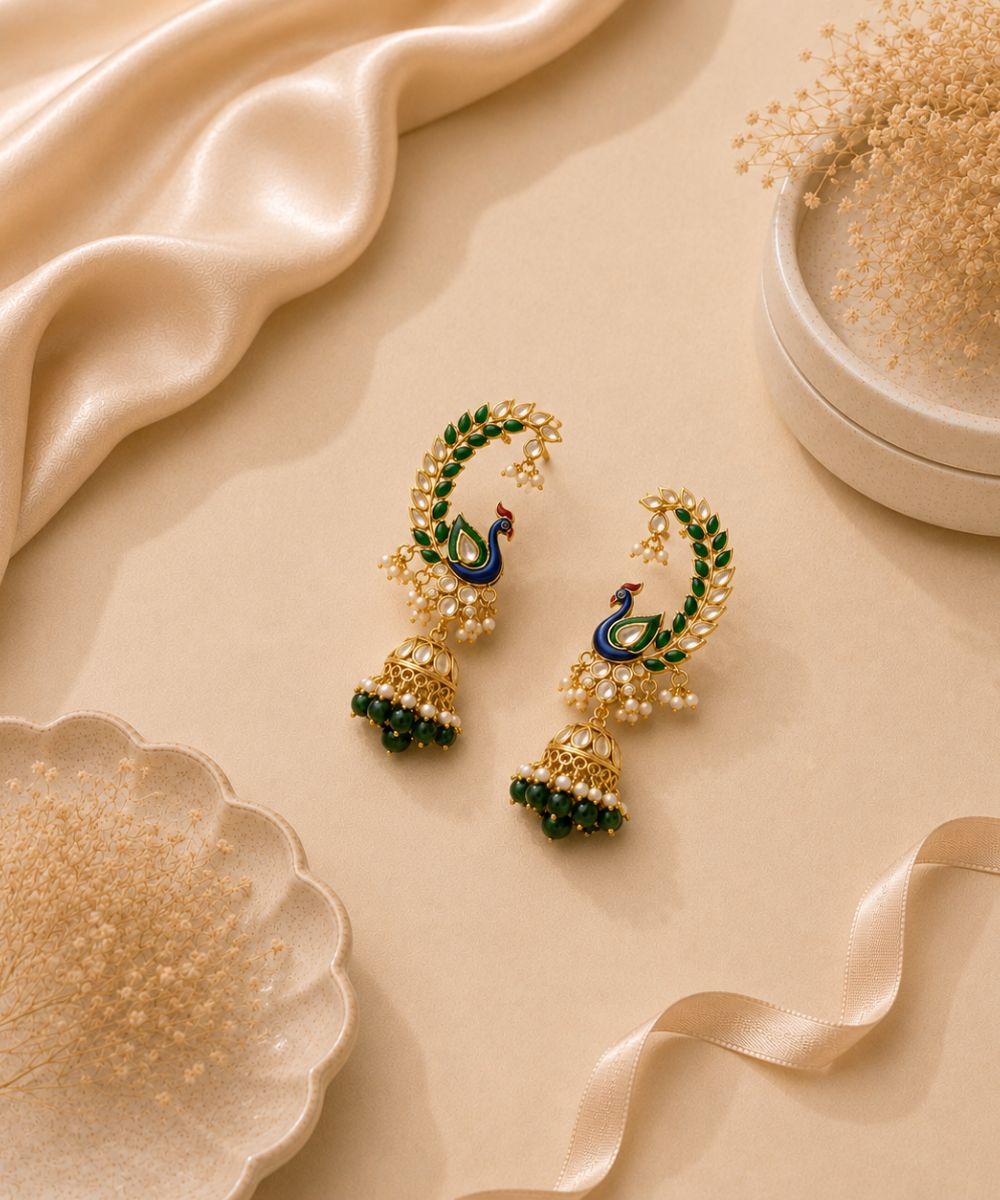 Gold Plated Multi Color Kundan Peacock Style Earrings