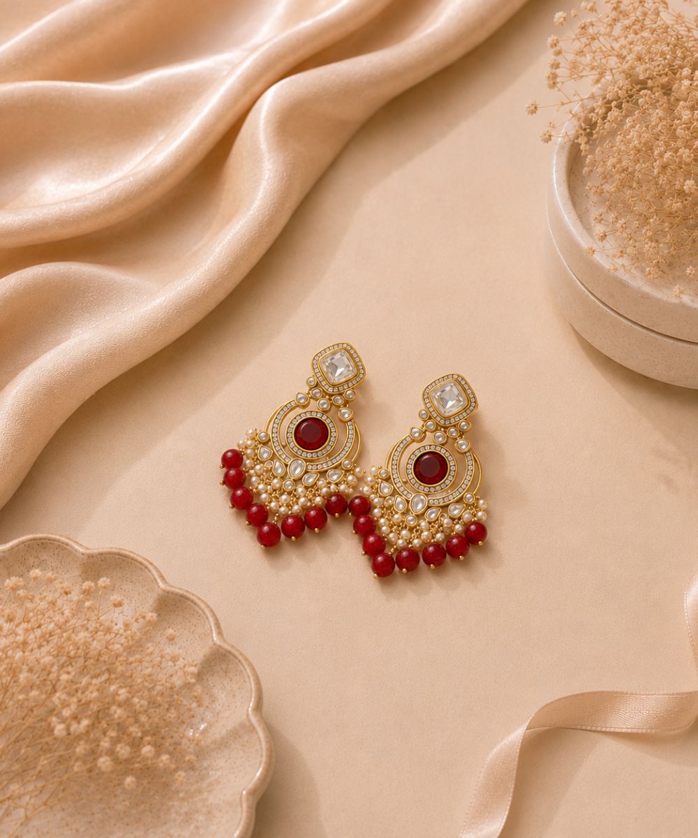 Gold Plated Red Chandbali Pearl Drop Earrings