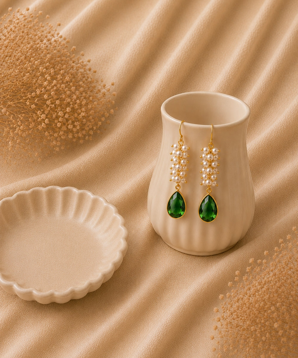 Gold Plated Green Cubic Zirconia Drop Earrings