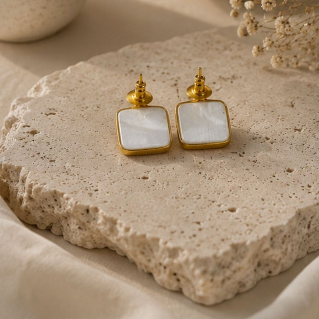 Gold Plated Mother of Pearl CZ Drop Earrings
