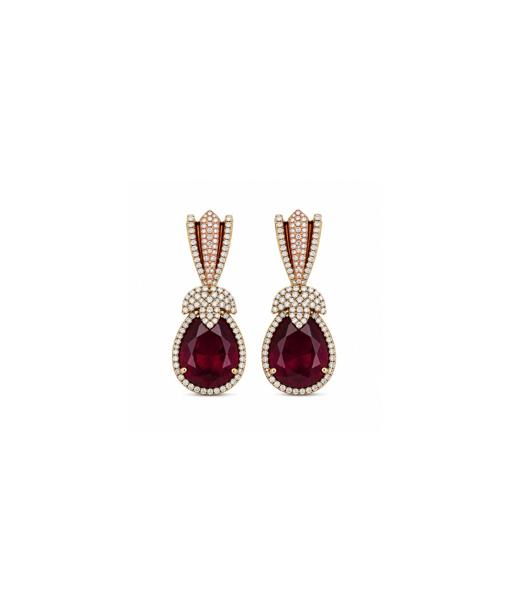 Rhodium Plated Halo Style Red Zirconia Drop Earrings