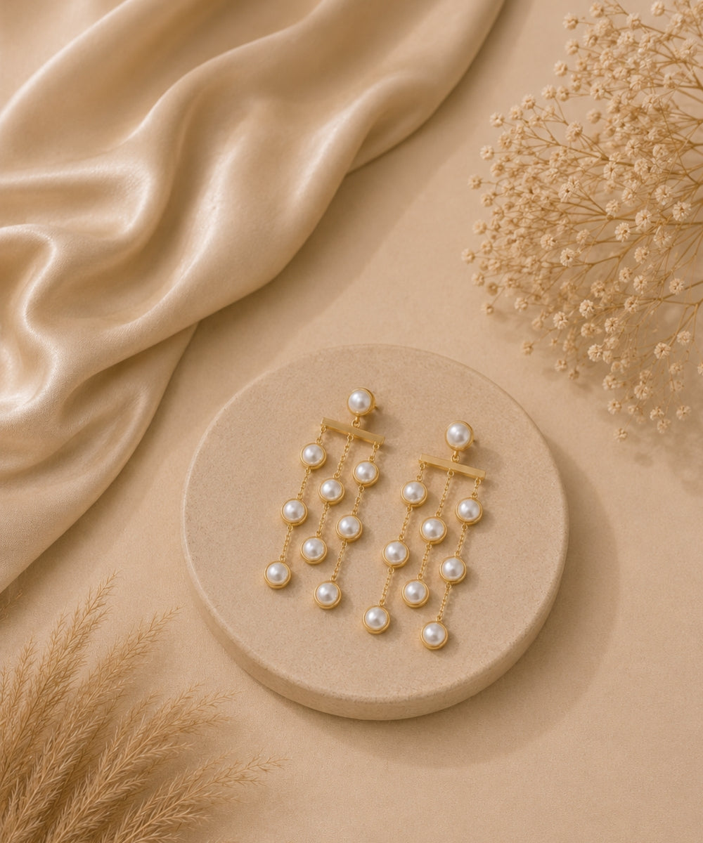 Gold Plated Pearl Drop Link Chain Earrings
