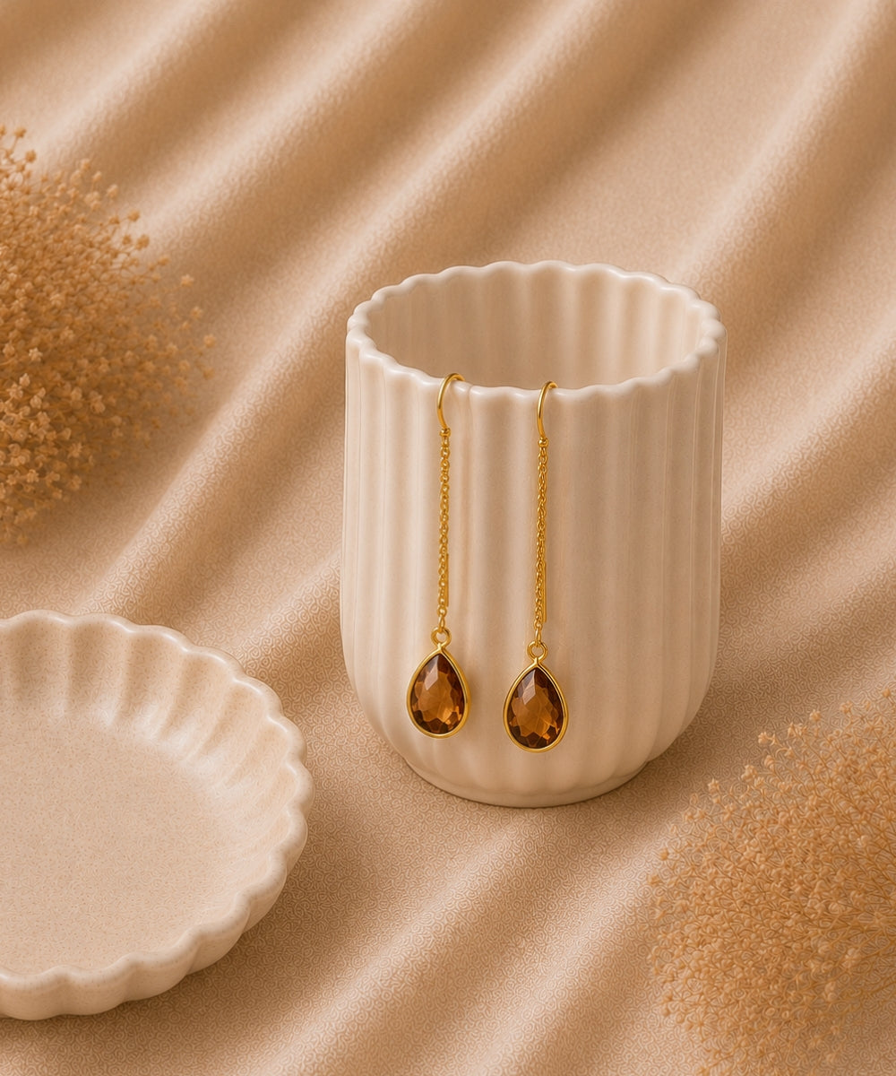 Gold Plated Brown Cubic Zirconia Link Drop Earrings
