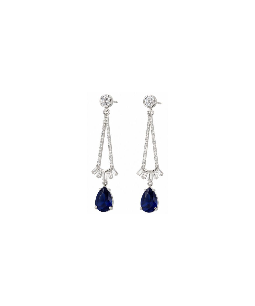 Rhodium Plated Blue Cubic Zirconia Drop Earrings