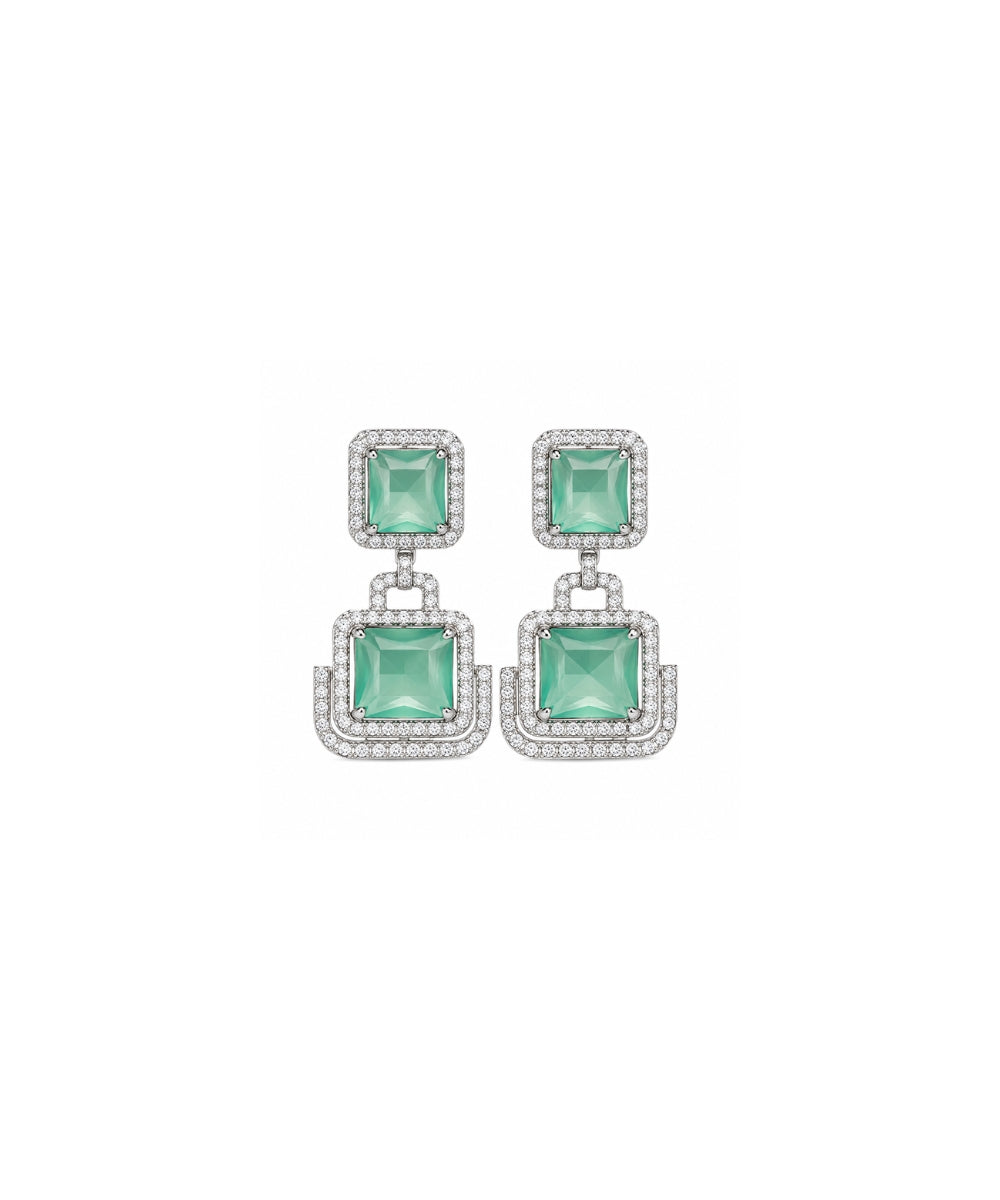 Rhodium Plated Halo Style Cubic Zirconia Drop Earrings
