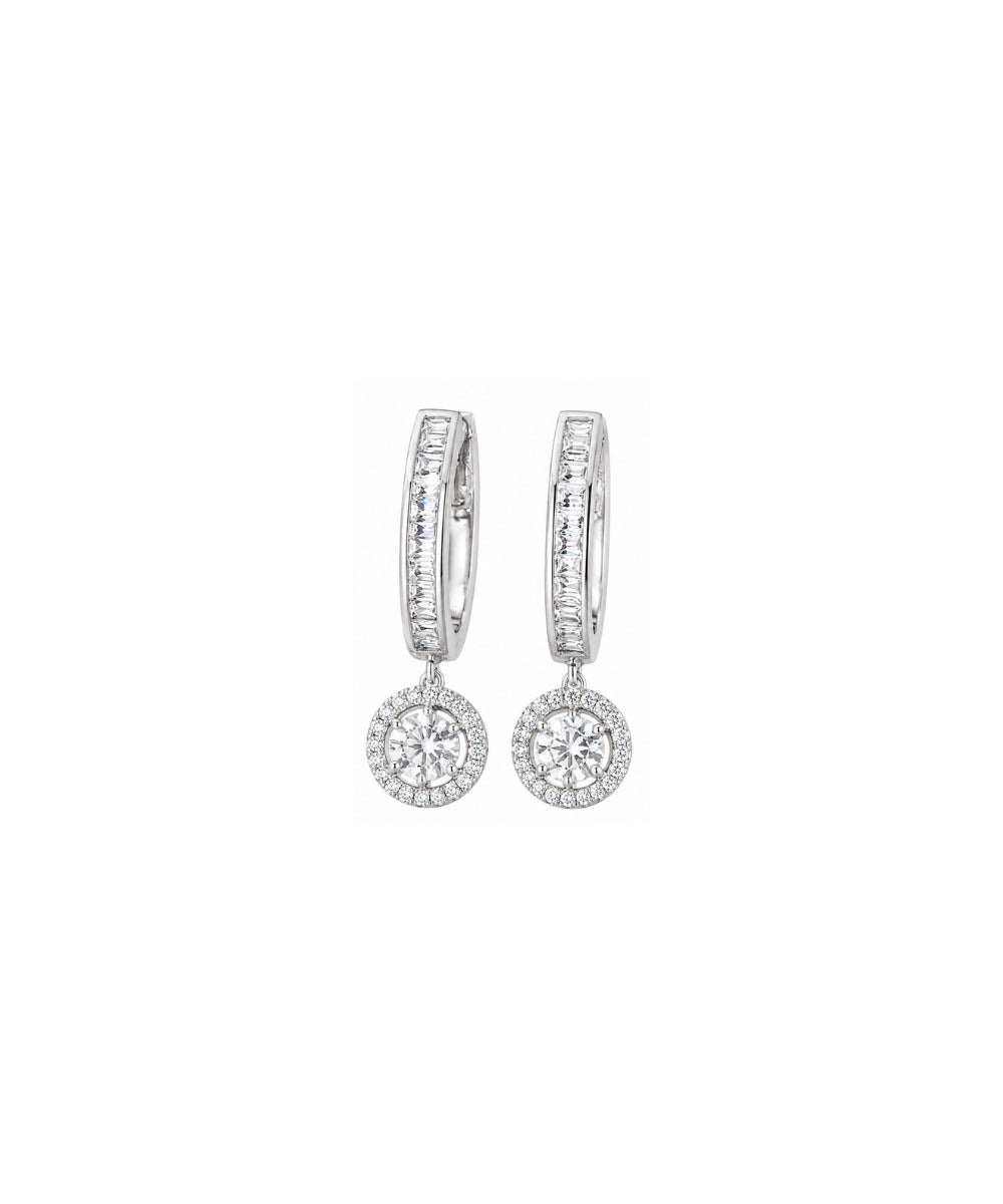 Rhodium Plated Cubic Zirconia Halo Style Drop Earrings