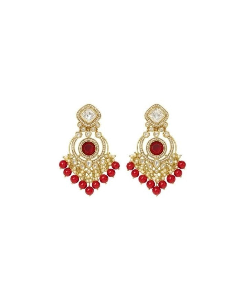 Gold Plated Red Chandbali Pearl Drop Earrings