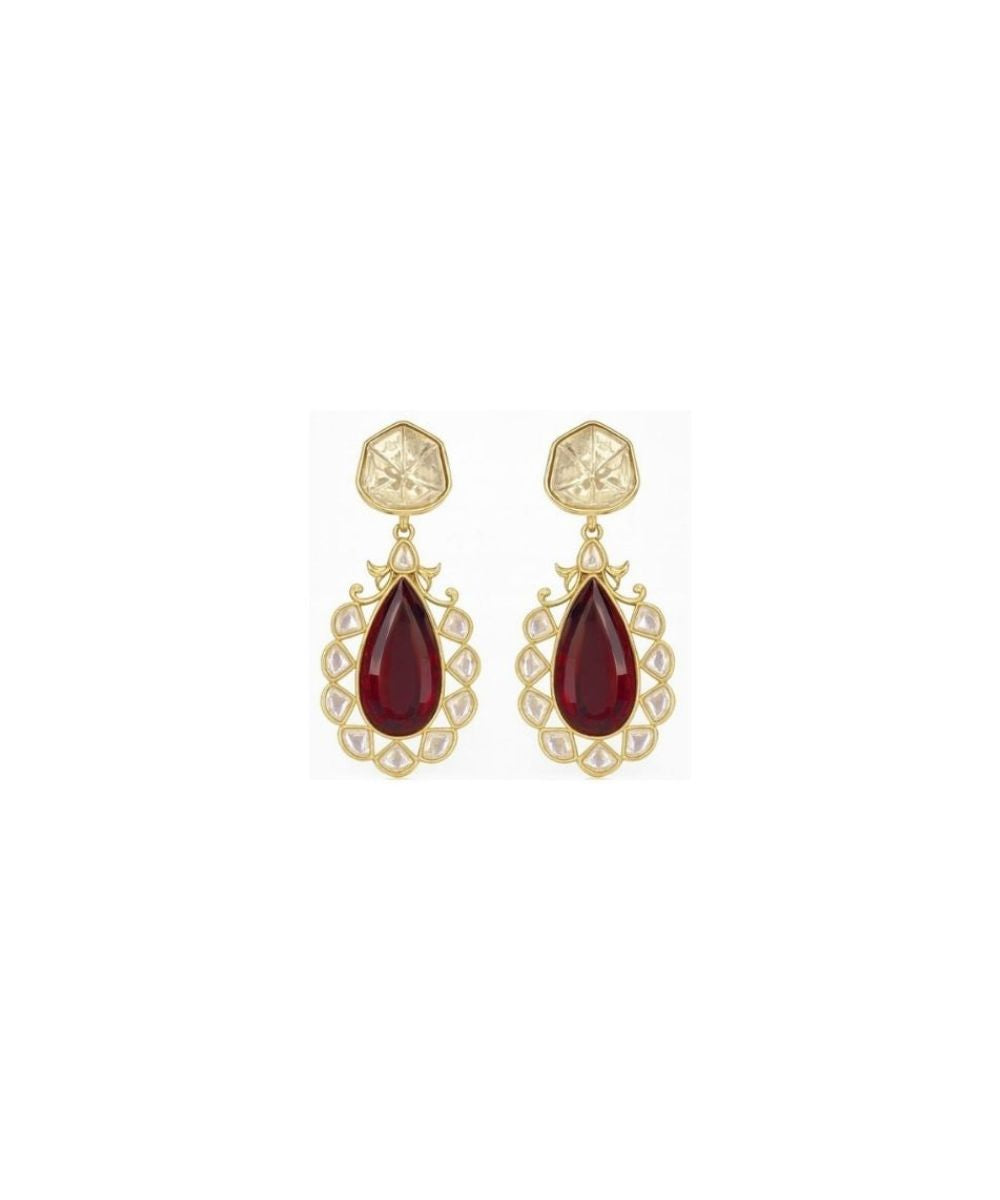 Gold Plated Red Stone Kundan Drop Earrings